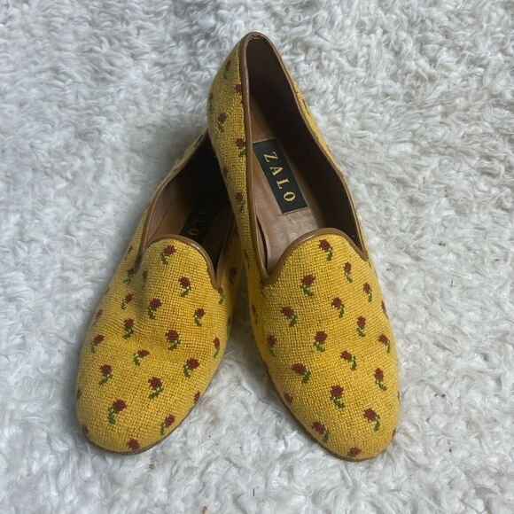 Zalo Vintage Zalo Yellow & Red Rose Needlepoint sleep on  Flats size 10 - Picture 4 of 13